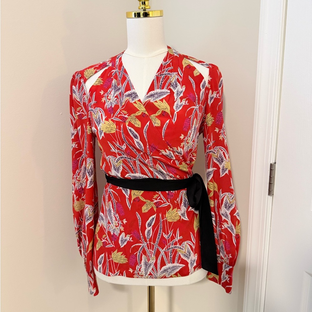 Diane Von Furstenberg Red Floral Wrap Blouse